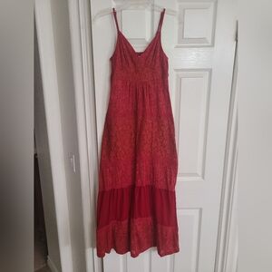 American Rag Red Lace Tiered Maxi Dress with V-Neck